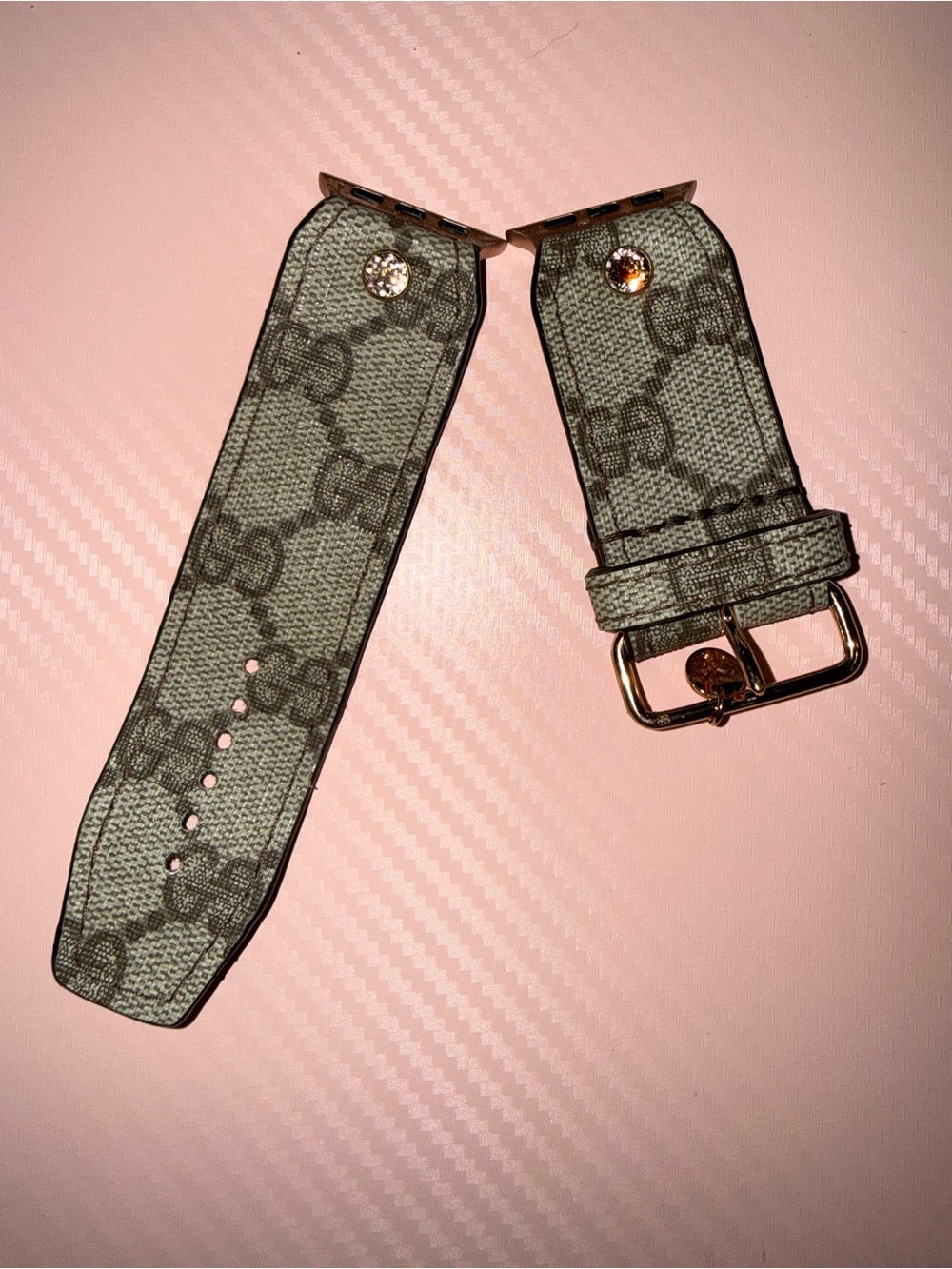 Gucci GG Canvas Apple Watch Strap in Beige with Gold Hardware